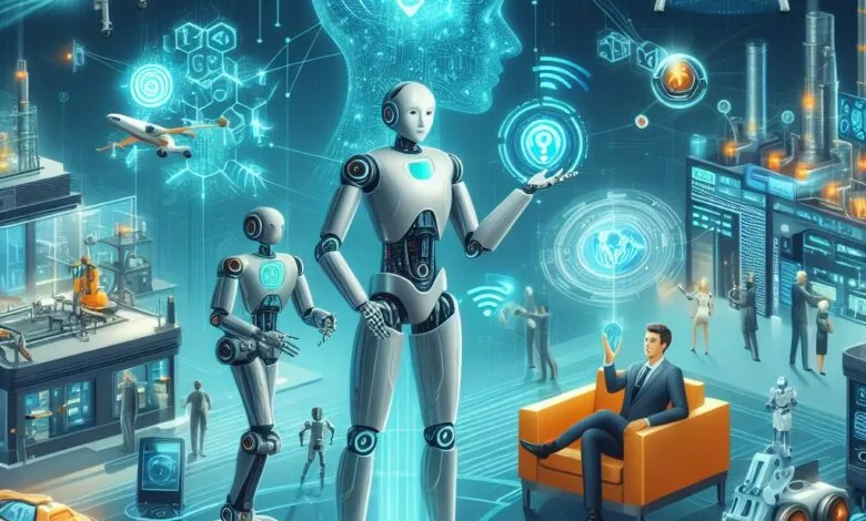 Futuristic illustration of AI robots interacting with humans and technology, showcasing drones, smart cars, and a digital brain interface.