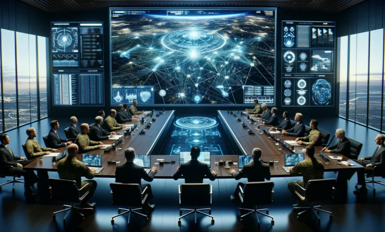 A conference room with a large digital screen displaying a futuristic battlefield visualization created by artificial intelligence