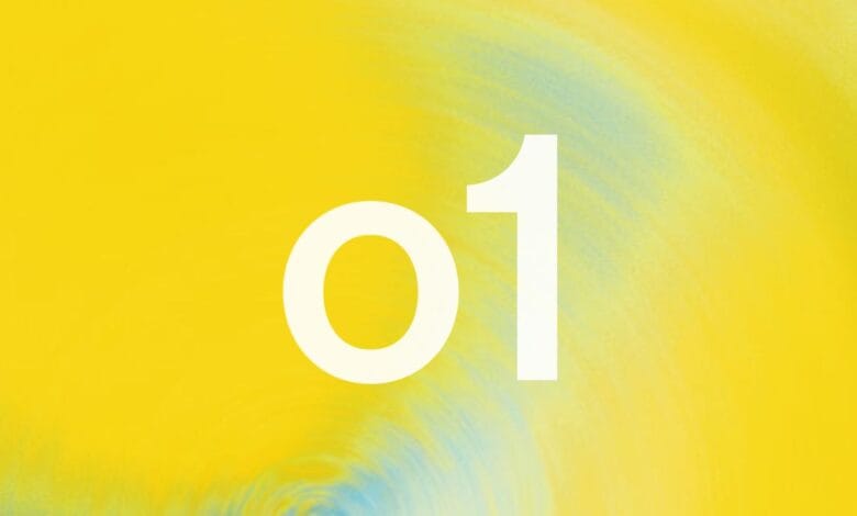 The number 01 in bold white font on a yellow and light blue abstract background.