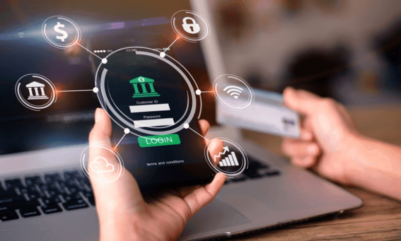 Hands hold a phone showing a banking app login screen with security icons. Secure online banking.