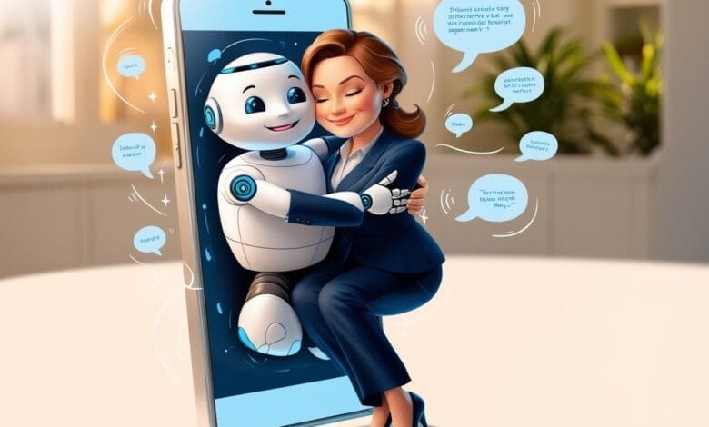 A Chatbot cuddling a beautiful business woman. the chatbot coming out from the phone and surrounded by the chat bubble.