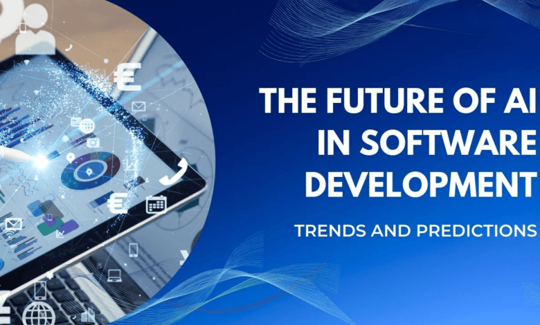 Tablet displaying data visualizations and AI icons, showcasing AI's future in software development.
