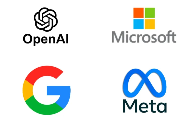 OpenAI, Microsoft, Google, and Meta logos on a white background. Tech giants.