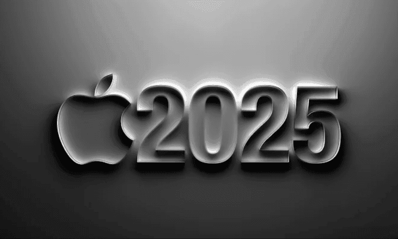 Apple logo and 2025 in embossed, grayscale 3D lettering on a dark gray background.