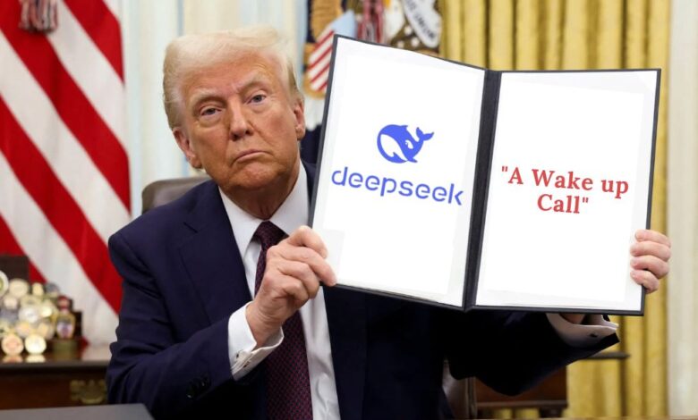President Trump holding a Notebook, where a text shows "DeepSeek: A Wakeup Call"