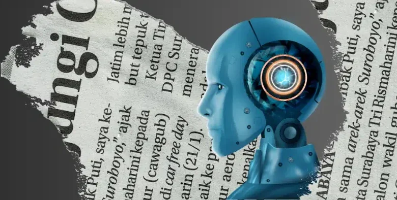 A futuristic robot head is partially obscured by a torn newspaper, symbolizing AI's impact on journalism.