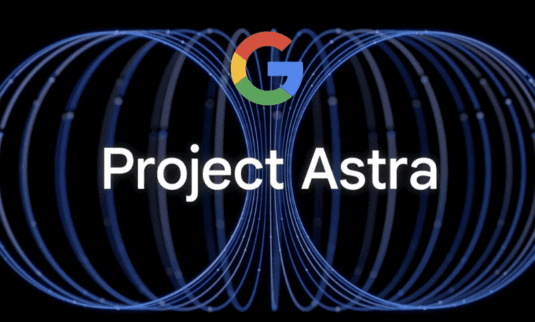 Google's Project Astra logo: The Google logo is centered in a dark blue, swirling abstract design.