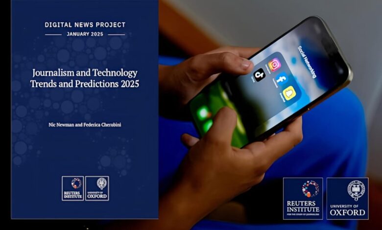 2025 Journalism & Tech Trends report cover: smartphone with social media apps, alongside report by Nic Newman & Federica Cherubini.