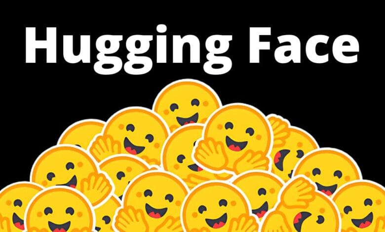 A pile of laughing emojis with hands over their faces against a black background, with 'Hugging Face' written above.