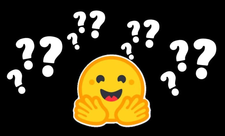A happy yellow emoticon hugs itself, surrounded by white question marks on a black background.