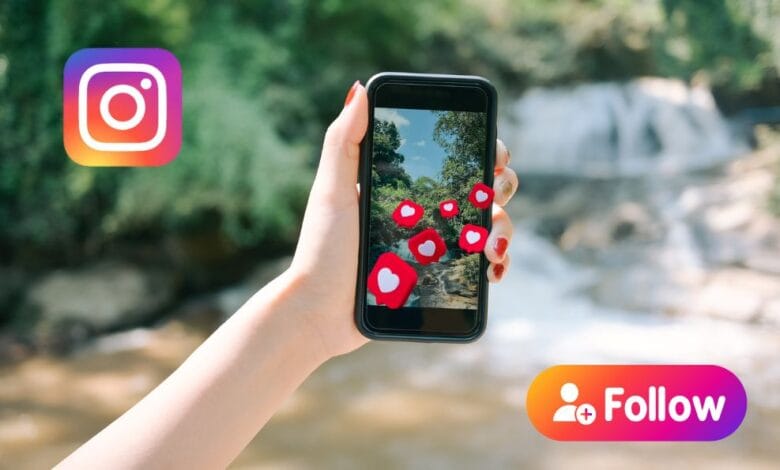 Hand holding smartphone displaying a waterfall, with Instagram logo and 'Follow' button visible.