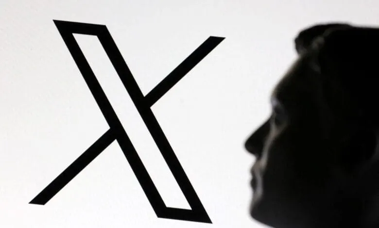 Bold black X logo on white background, with Elon Musk's silhouetted profile to the side.