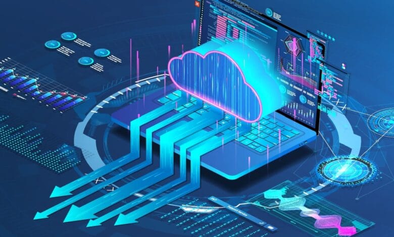Abstract illustration of data flowing from a laptop to a cloud, representing cloud computing and data transfer.