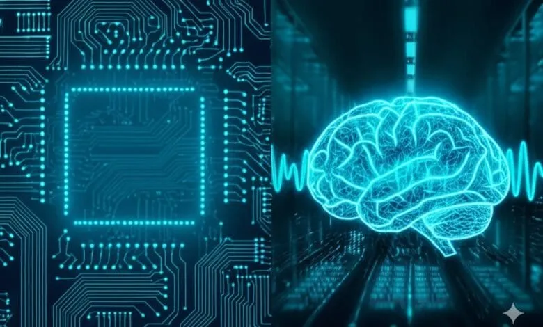 Abstract digital art depicting a circuit board and a glowing brain, symbolizing AI and neural networks.