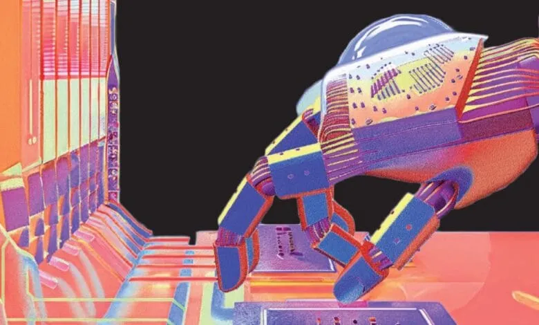A robotic hand interacts with a vibrant, colorful digital interface, suggesting themes of AI and technology.