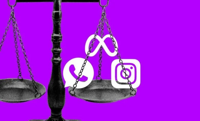 Scales of justice tipped down by Meta, Instagram, and WhatsApp logos on a purple background.