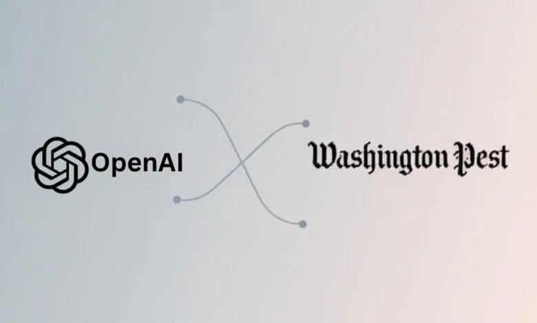 OpenAI and The Washington Post logos are linked by curved lines, symbolizing a collaboration.