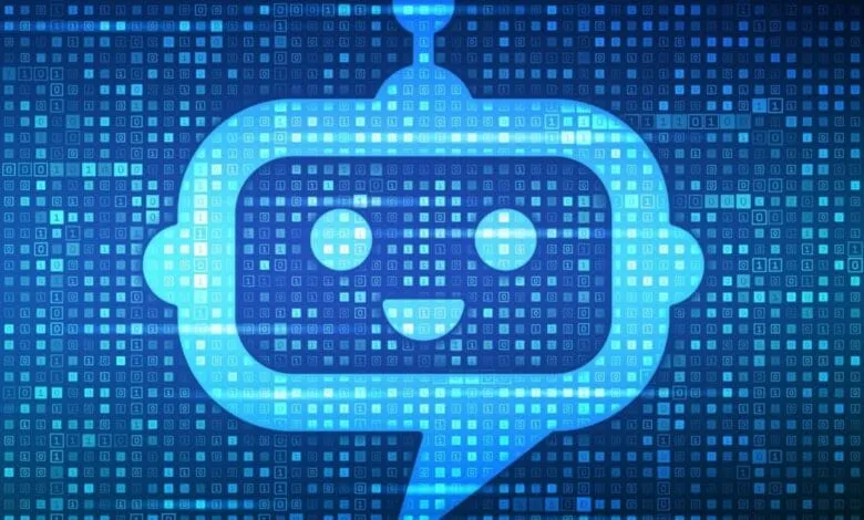 Friendly AI chatbot icon smiles against a blue binary code background. Digital technology concept.