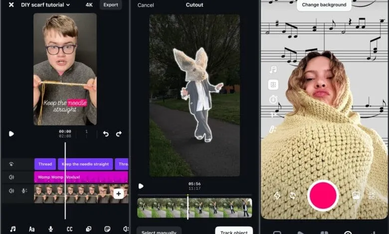 Three iPhone screens show video editing in progress: a DIY scarf tutorial, a person in a rabbit costume, and a person wrapped in a crocheted blanket.