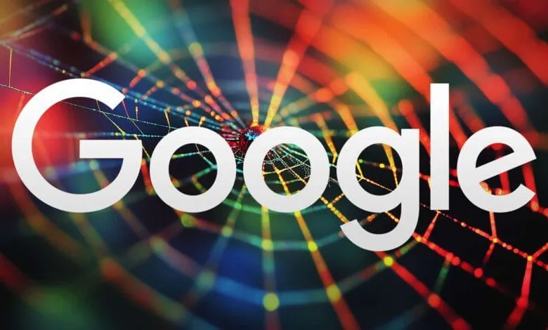 Google logo in white, overlaid on a colorful spiderweb. Represents Google's vast online reach.