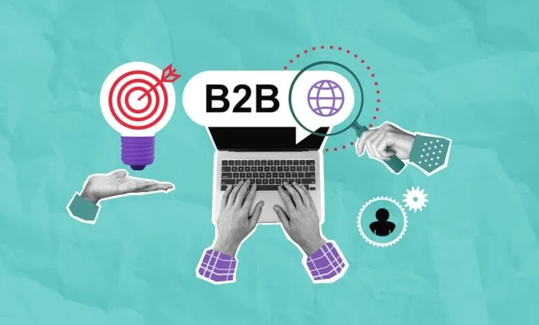 Collage illustrating B2B strategies in the AI search era, featuring a laptop, target, magnifying glass, and global icon.