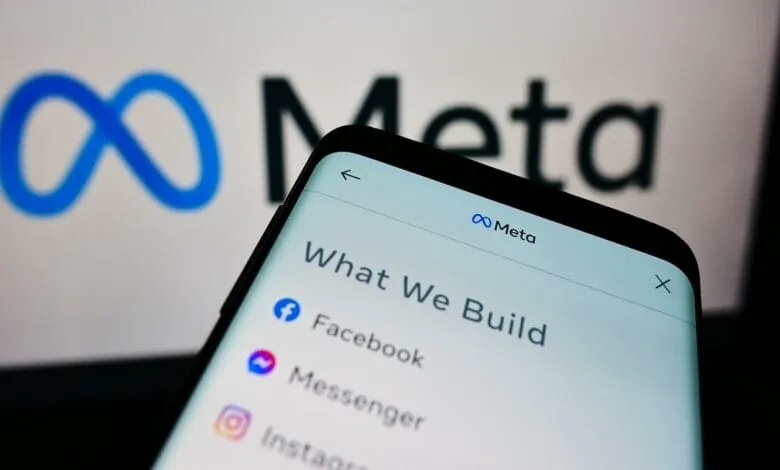 Smartphone screen shows Meta's 'What We Build' section, listing Facebook, Messenger, and Instagram. Blurred Meta logo in background.