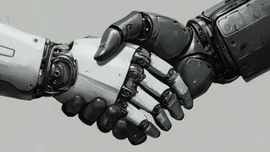 Two robotic arms clasp hands in a handshake, one silver, one dark gray, detailed mechanical design.