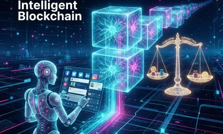 A glowing humanoid robot interacting with a tablet against a backdrop of neon blockchain cubes and digital scales.
