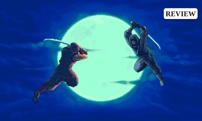 Pixel art depicts two ninjas facing off under a large, pale moon. One ninja is dark-red, the other grey.