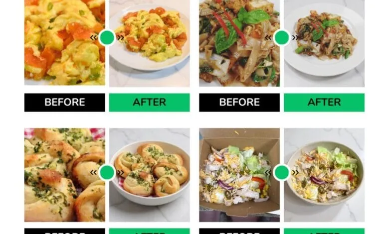 Before & after food styling: Scrambled eggs, Pad Thai, garlic knots, chicken salad. Improved presentation.