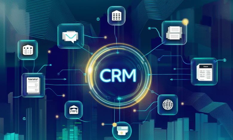 Diagram showing CRM system connected to various business functions like email, documents, and payments, set against a futuristic cityscape.