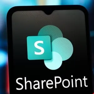 SharePoint logo displayed on a smartphone screen.
