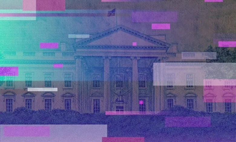 The White House depicted with a digital glitch effect in vibrant teal, purple, and pink.