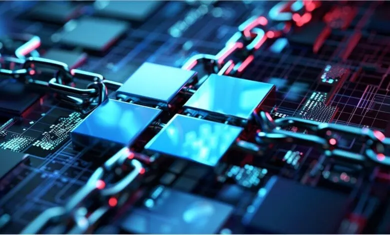 Abstract digital artwork: glowing blue cubes linked by a metallic chain on a dark circuit board, suggesting data security.