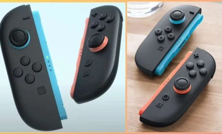 Two Nintendo Switch Joy-Con controllers in black with teal and coral accents. One is shown open, the other closed.