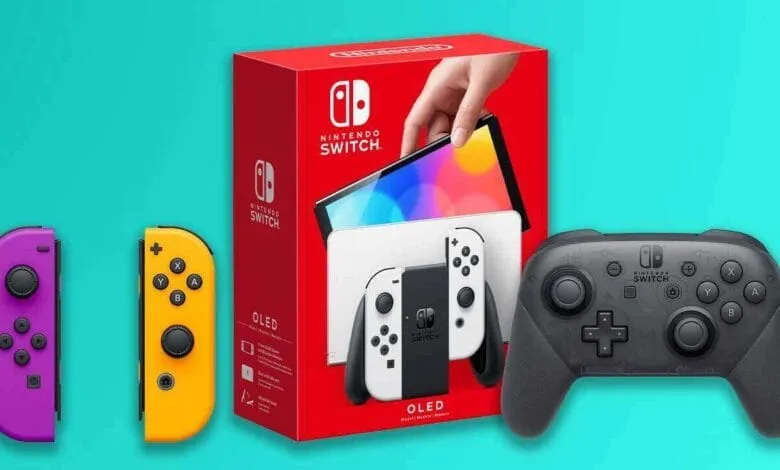 Nintendo Switch OLED model with purple and yellow Joy-Con controllers and a third-party controller.