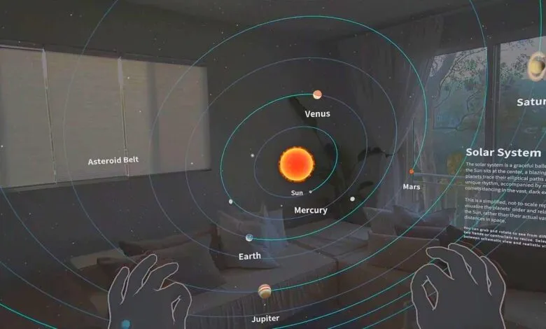 Interactive 3D model of our solar system, showing planets orbiting the sun in a living room setting.