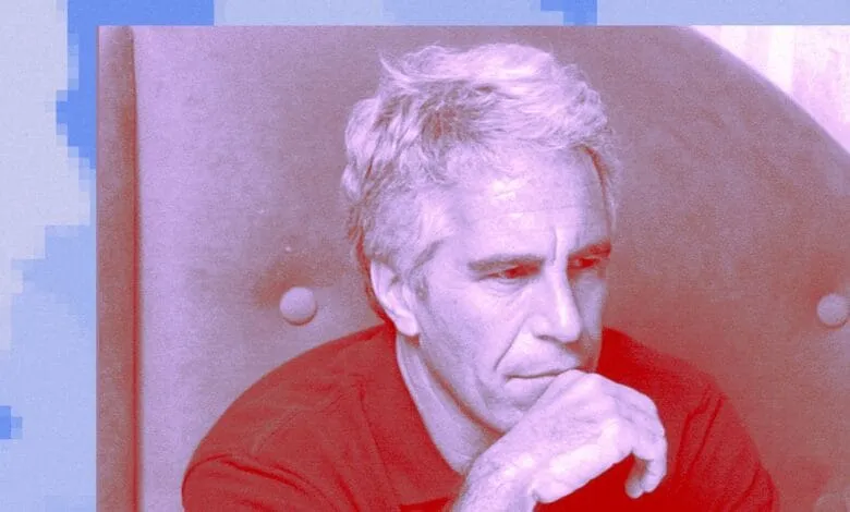 Close-up portrait of Jeffrey Epstein, in red and purple tones, appearing pensive.