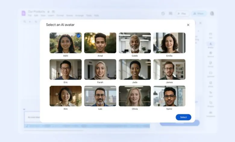 A grid of diverse AI-generated avatars with names below each portrait.