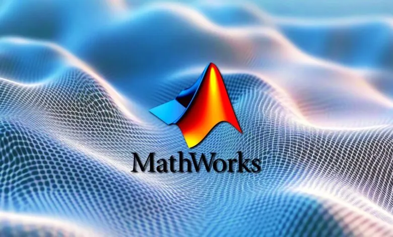 MathWorks logo on a blue, grid-like background. The logo is a stylized 3D surface plot.