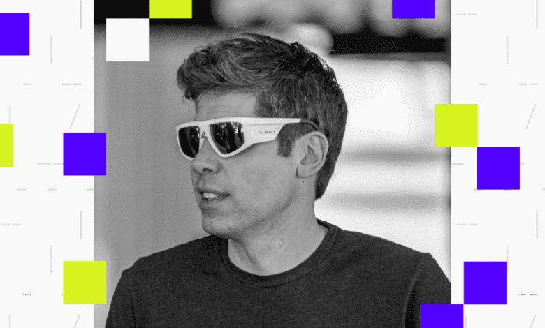 Sam Altman, OpenAI CEO, in a black and white portrait wearing futuristic white sunglasses. Bright yellow and purple squares form the background.