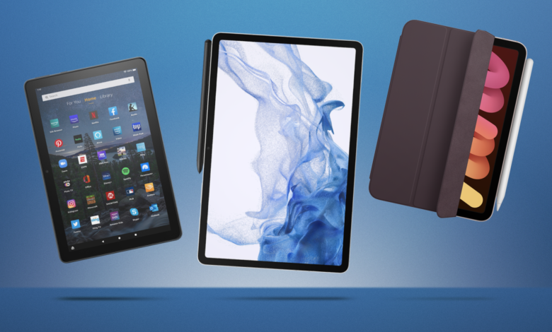Three tablets float against a blue background, showcasing different designs and styluses.