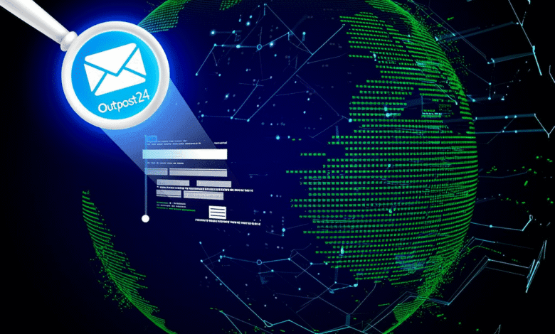 Global email security: A digital globe with green data streams and a magnifying glass highlighting an email icon labeled 'Outpost24'.