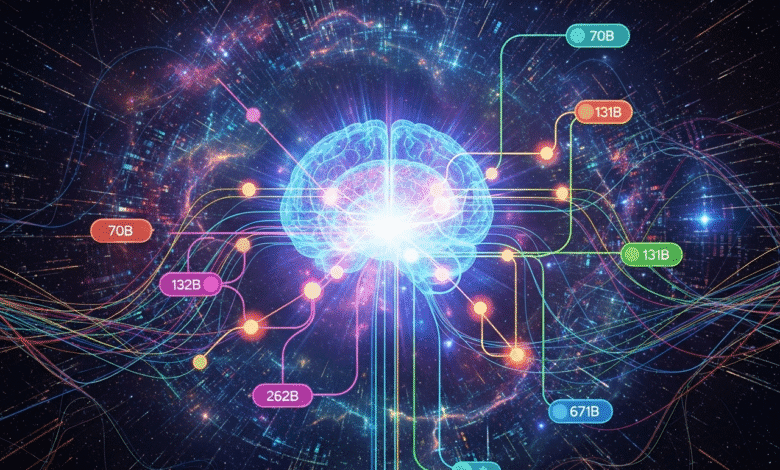 A glowing brain is connected to nodes displaying large numbers, representing a neural network or AI concept.
