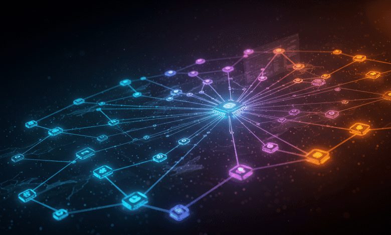 Abstract network graphic with glowing nodes and connections, depicting data flow and interconnectedness.