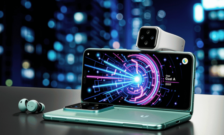 Google Pixel Fold phone displayed open, showing a vibrant neon abstract design on its screen, with a Pixel Watch and earbuds nearby.