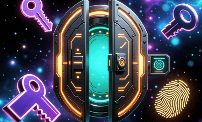 Futuristic vault door opens revealing glowing teal interior, surrounded by digital keys and fingerprint, set against a cosmic backdrop.