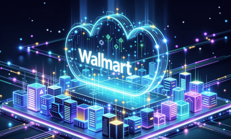 Walmart logo inside a glowing cloud symbol over a digital cityscape, representing Walmart's cloud computing infrastructure.
