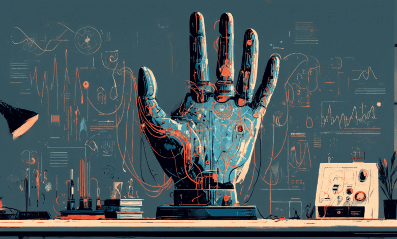 Intricate robotic hand on a desk, surrounded by scientific diagrams and equipment. Wires extend from the hand, creating a futuristic scene.