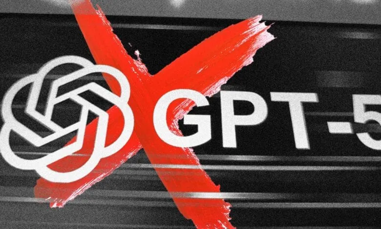 A stylized graphic depicts a large red X over the text 'GPT-5', with a white circular logo to the left.